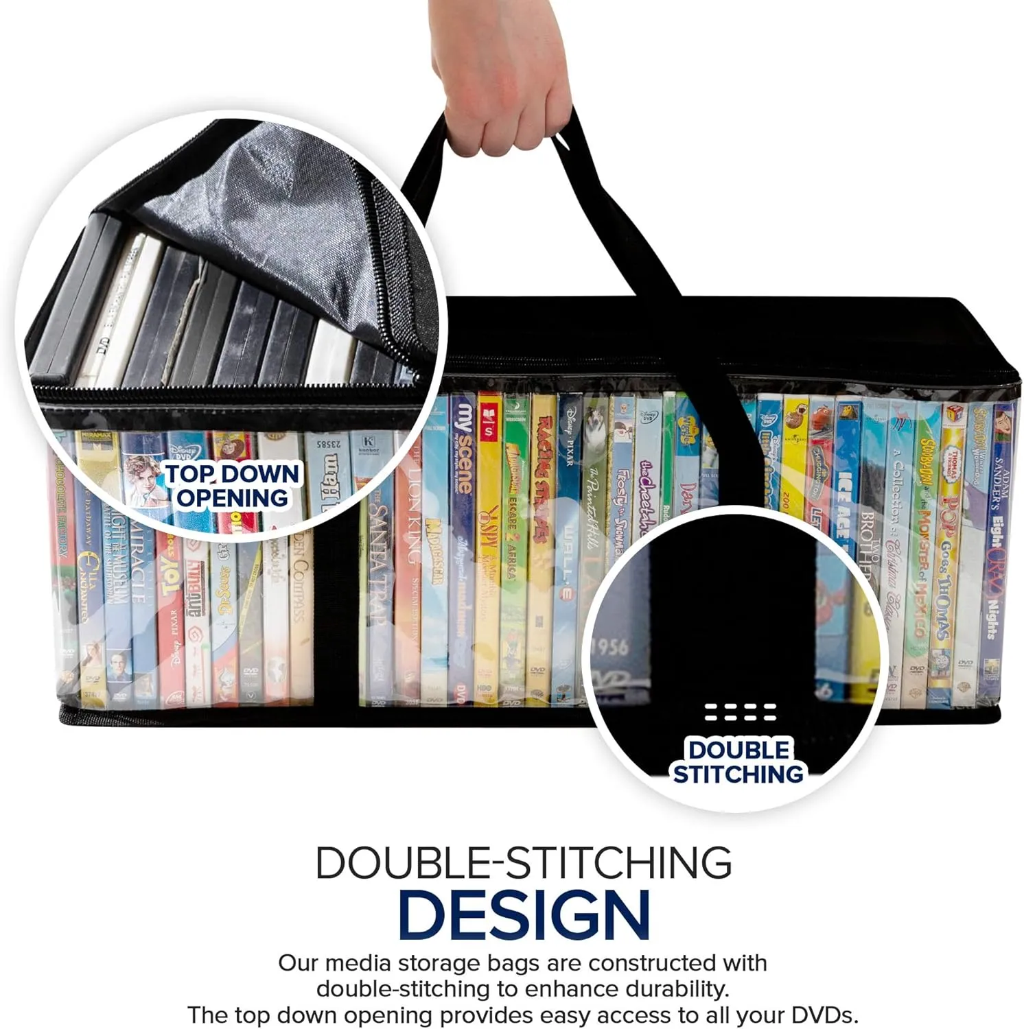 Stock Your Home DVD Storage Bags (Set of 2) Media Organizer Bag for DVDs, CDs, Blu Ray Disc, Movie Cases, VHS Box, Video Game Disks, Clear Plastic Holders with Carrying Handles and Zipper - Black