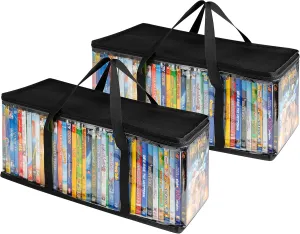 Stock Your Home DVD Storage Bags (Set of 2) Media Organizer Bag for DVDs, CDs, Blu Ray Disc, Movie Cases, VHS Box, Video Game Disks, Clear Plastic Holders with Carrying Handles and Zipper - Black