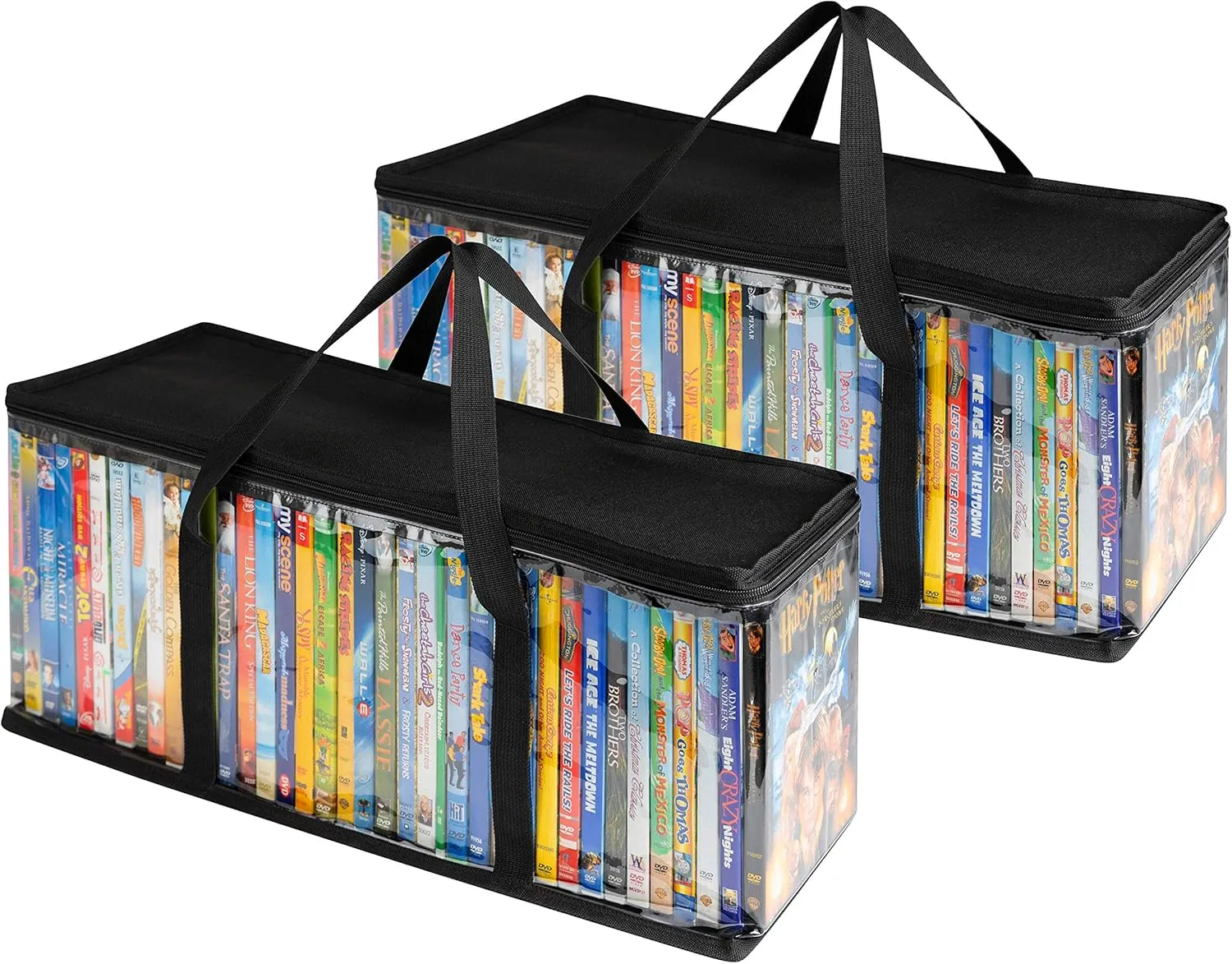 Stock Your Home DVD Storage Bags (Set of 2) Media Organizer Bag for DVDs, CDs, Blu Ray Disc, Movie Cases, VHS Box, Video Game Disks, Clear Plastic Holders with Carrying Handles and Zipper - Black