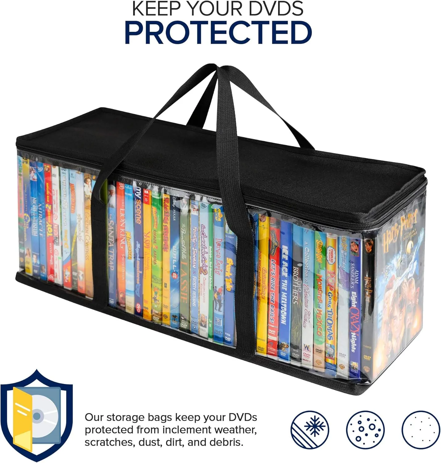 Stock Your Home DVD Storage Bags (Set of 2) Media Organizer Bag for DVDs, CDs, Blu Ray Disc, Movie Cases, VHS Box, Video Game Disks, Clear Plastic Holders with Carrying Handles and Zipper - Black