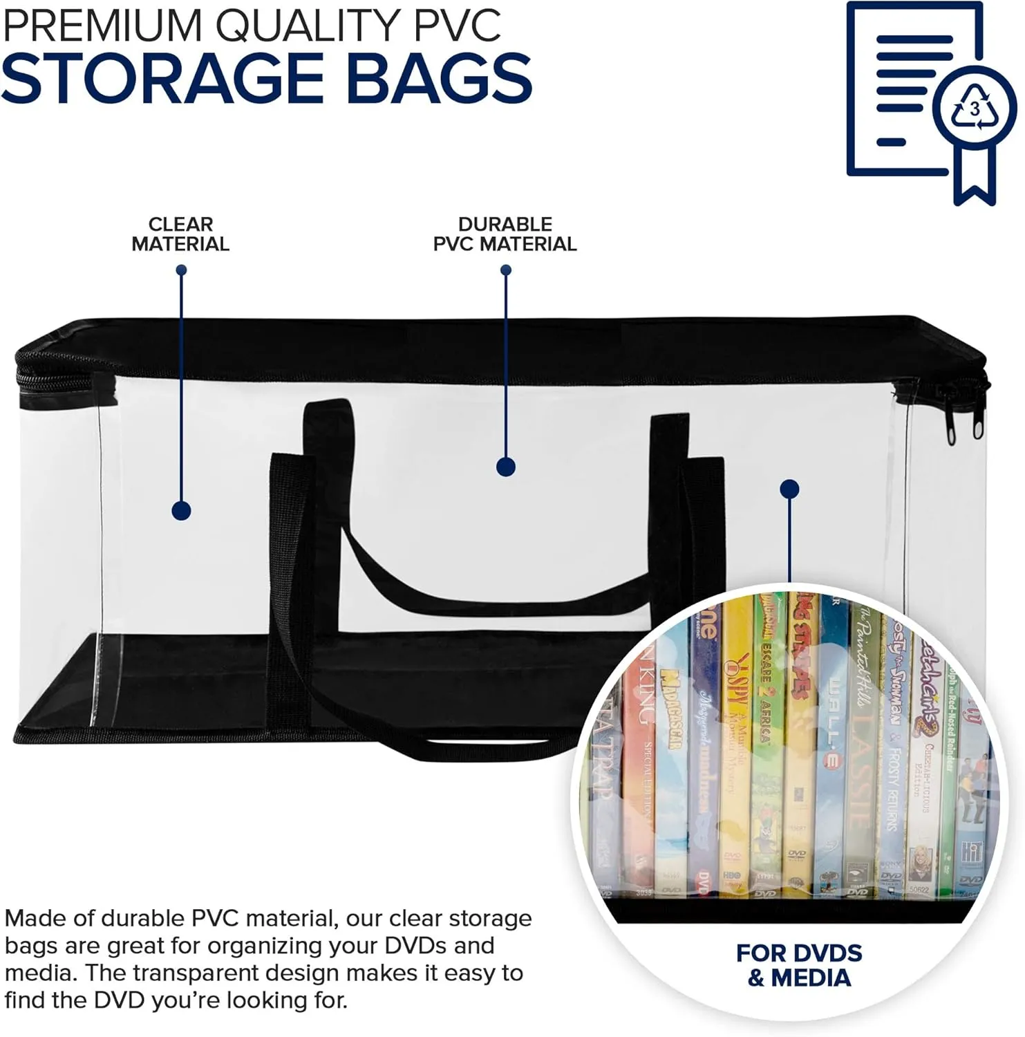 Stock Your Home DVD Storage Bags (Set of 2) Media Organizer Bag for DVDs, CDs, Blu Ray Disc, Movie Cases, VHS Box, Video Game Disks, Clear Plastic Holders with Carrying Handles and Zipper - Black