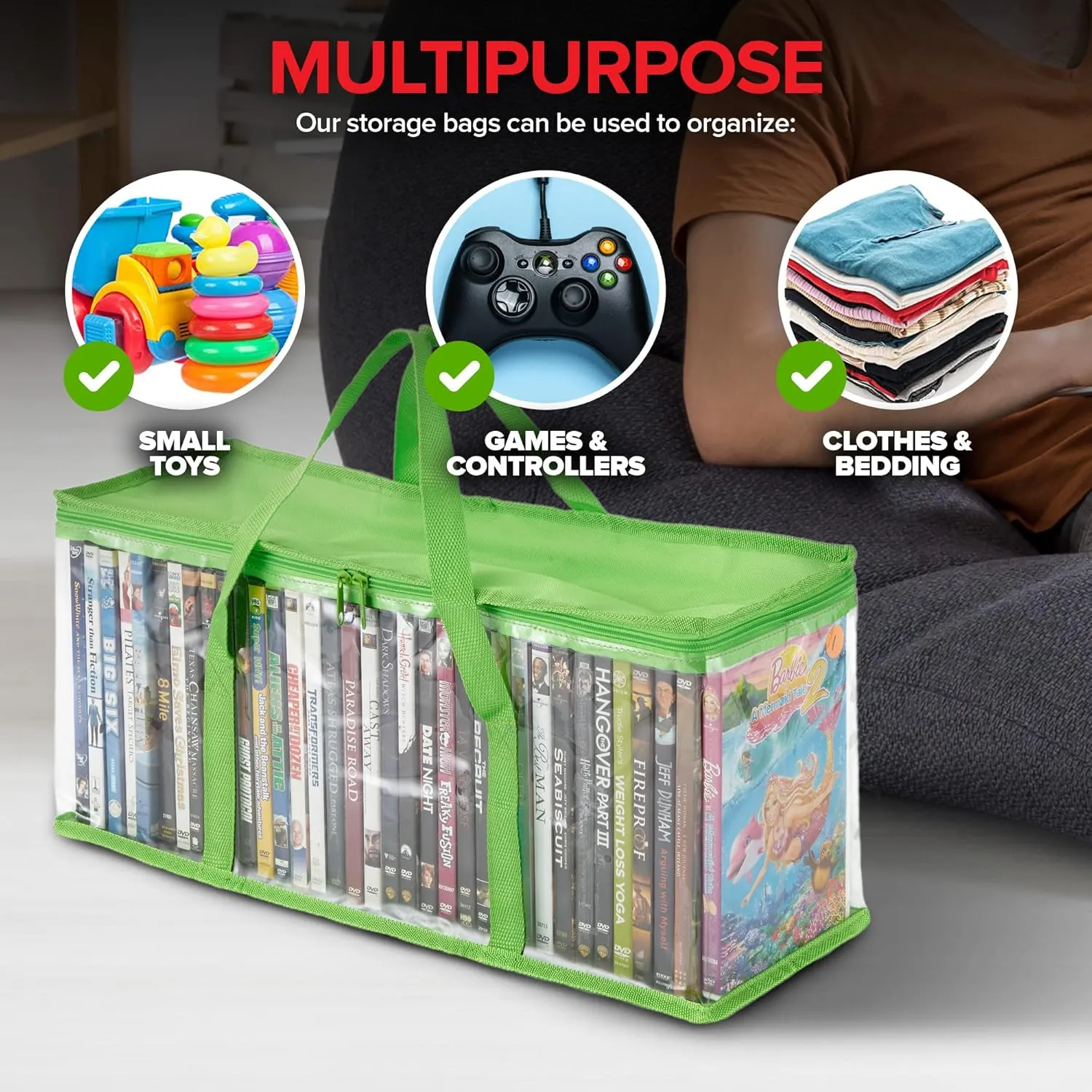 Stock Your Home DVD Storage Bags (Set of 4) Media Organizer Bag for DVDs, CDs, Blu Ray Disc, Movie Cases, VHS Box, Video Game Disks, Clear Plastic Holders with Carrying Handles and Zipper - Green