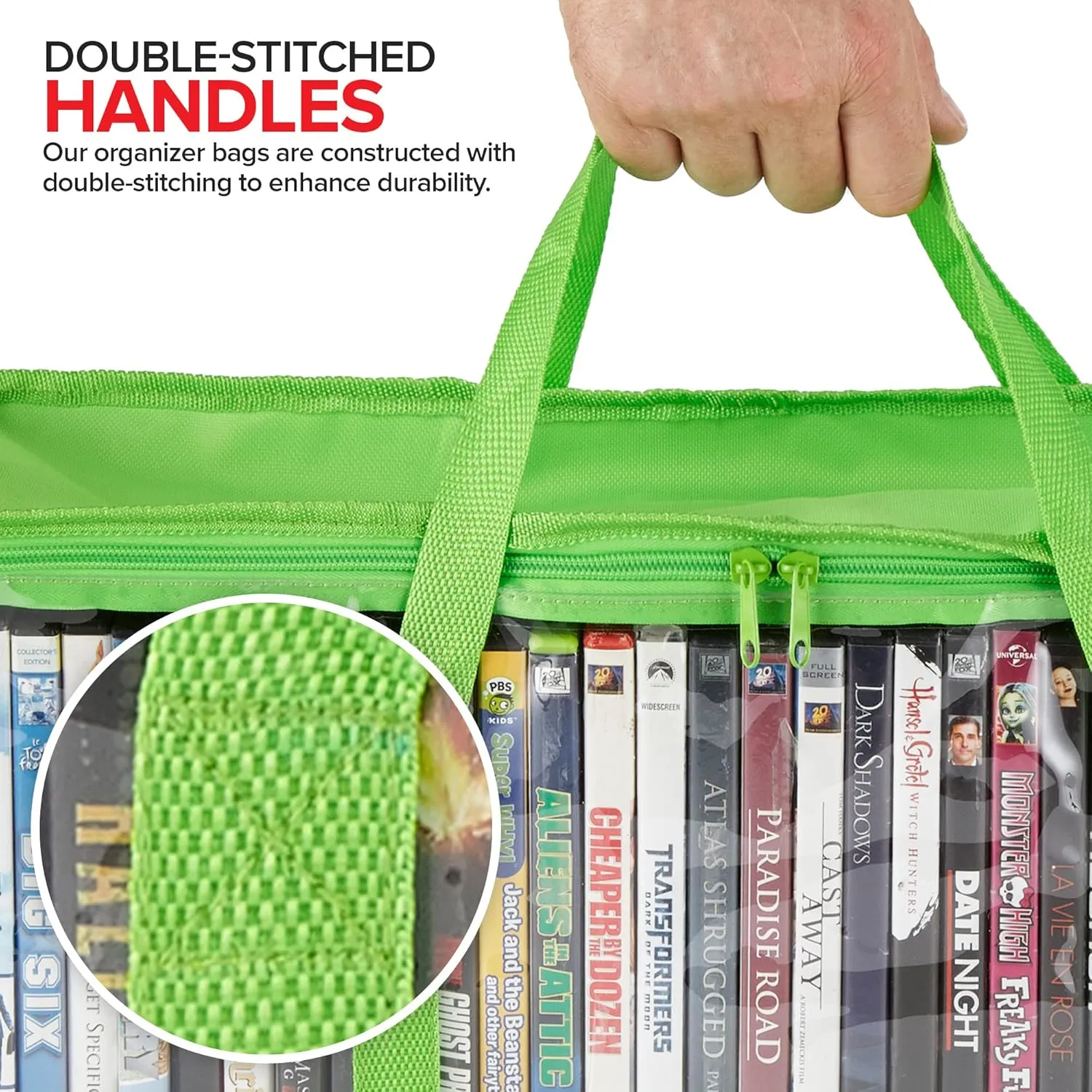 Stock Your Home DVD Storage Bags (Set of 4) Media Organizer Bag for DVDs, CDs, Blu Ray Disc, Movie Cases, VHS Box, Video Game Disks, Clear Plastic Holders with Carrying Handles and Zipper - Green