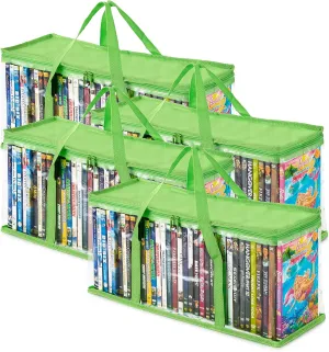 Stock Your Home DVD Storage Bags (Set of 4) Media Organizer Bag for DVDs, CDs, Blu Ray Disc, Movie Cases, VHS Box, Video Game Disks, Clear Plastic Holders with Carrying Handles and Zipper - Green