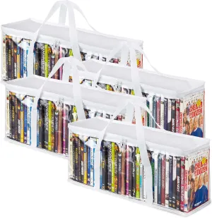 Stock Your Home DVD Storage Bags (Set of 4) Media Organizer Bag for DVDs, CDs, Blu Ray Disc, Movie Cases, VHS Box, Video Game Disks, Clear Plastic Holders with Carrying Handles and Zipper - White