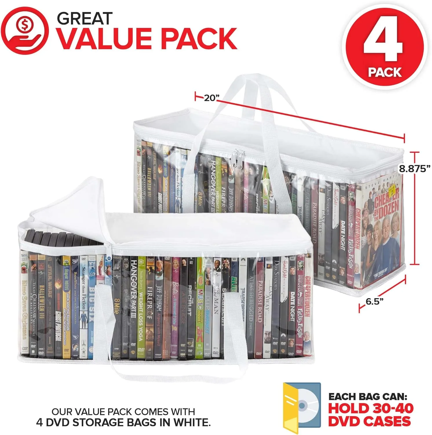 Stock Your Home DVD Storage Bags (Set of 4) Media Organizer Bag for DVDs, CDs, Blu Ray Disc, Movie Cases, VHS Box, Video Game Disks, Clear Plastic Holders with Carrying Handles and Zipper - White