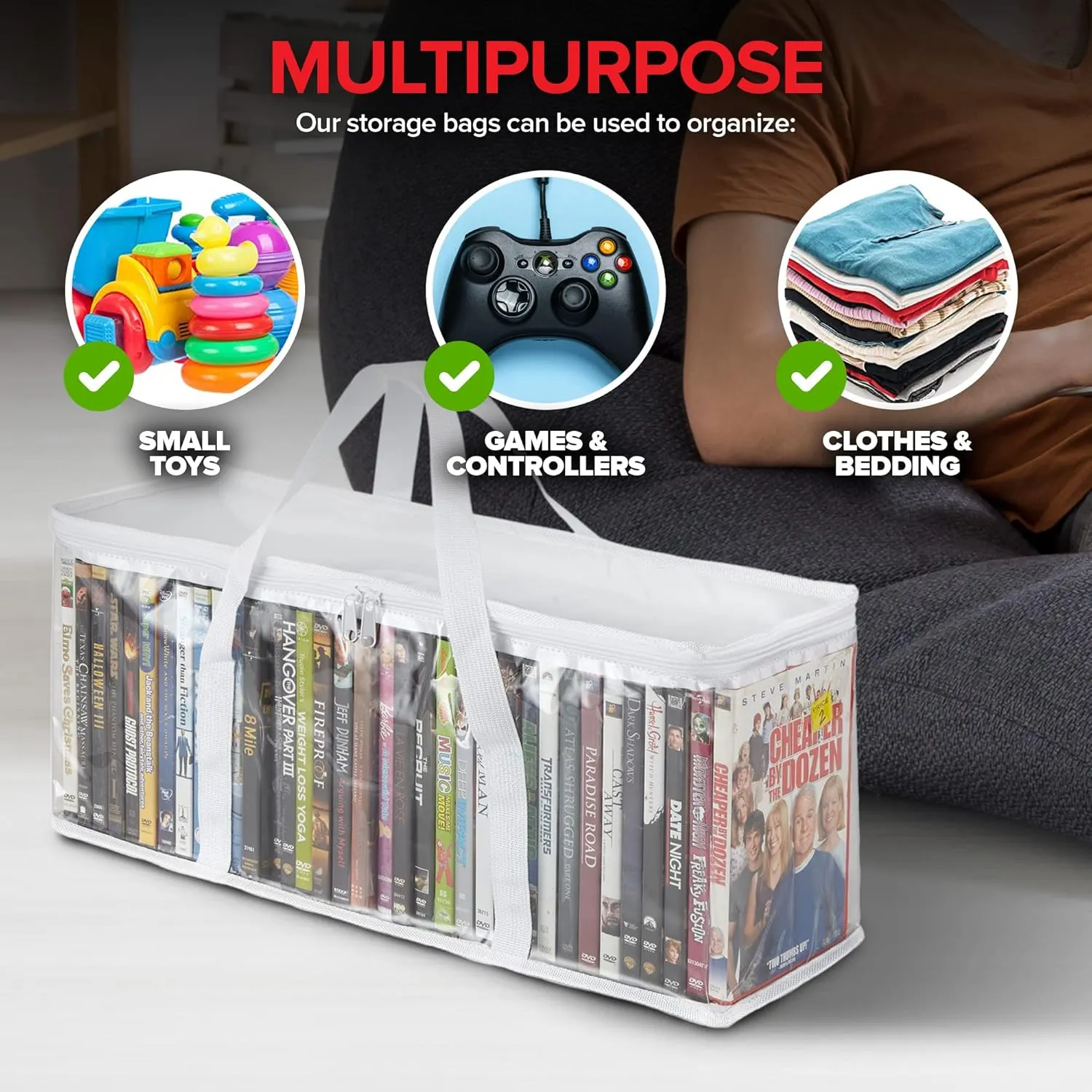 Stock Your Home DVD Storage Bags (Set of 4) Media Organizer Bag for DVDs, CDs, Blu Ray Disc, Movie Cases, VHS Box, Video Game Disks, Clear Plastic Holders with Carrying Handles and Zipper - White
