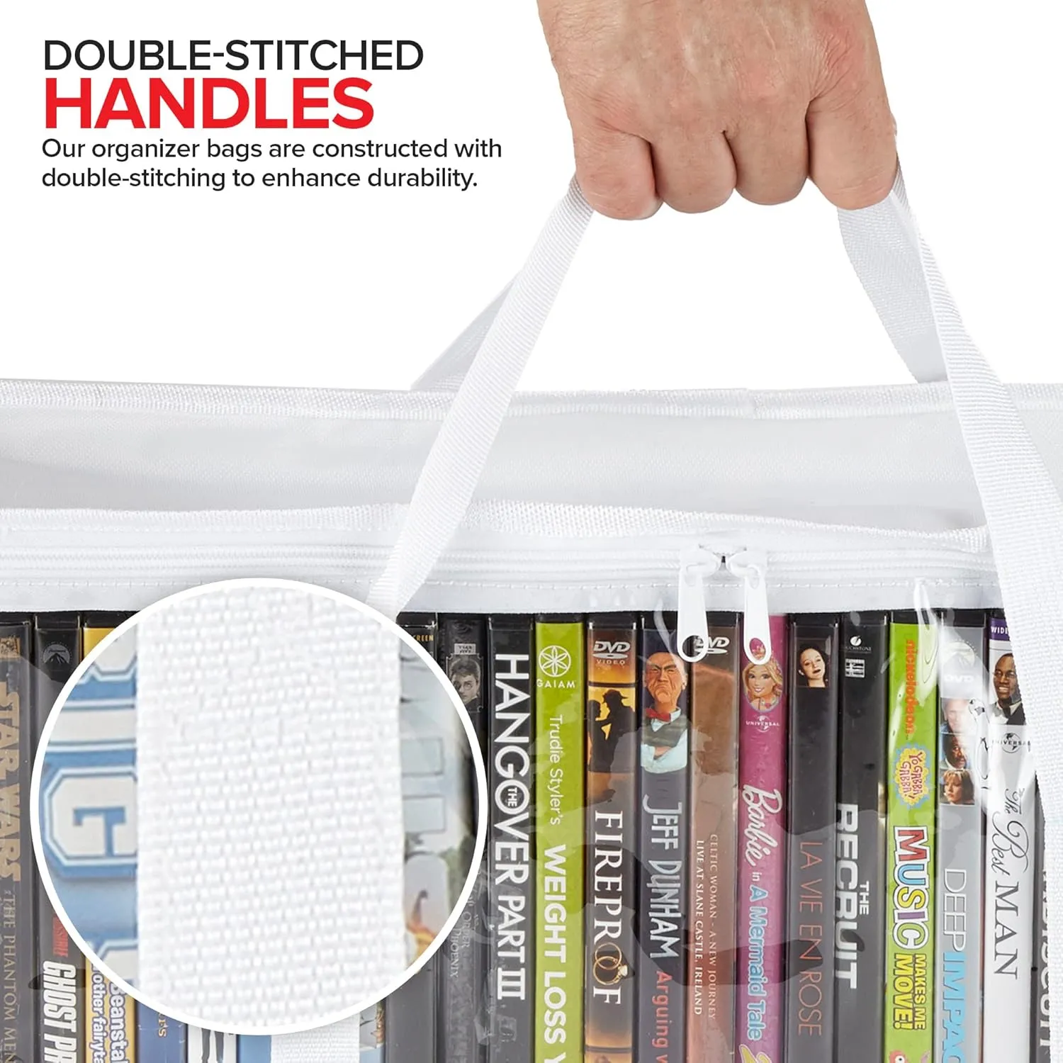Stock Your Home DVD Storage Bags (Set of 4) Media Organizer Bag for DVDs, CDs, Blu Ray Disc, Movie Cases, VHS Box, Video Game Disks, Clear Plastic Holders with Carrying Handles and Zipper - White