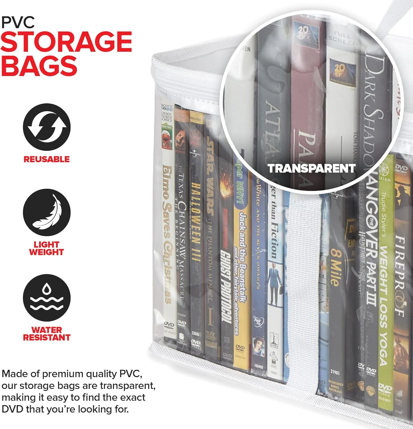 Stock Your Home DVD Storage Bags (Set of 4) Media Organizer Bag for DVDs, CDs, Blu Ray Disc, Movie Cases, VHS Box, Video Game Disks, Clear Plastic Holders with Carrying Handles and Zipper - White