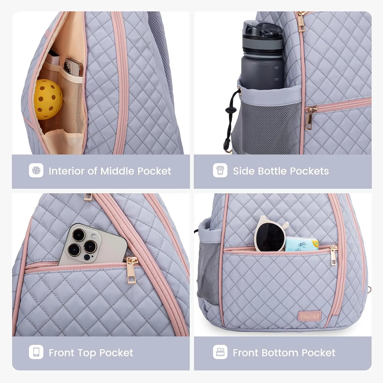 Sucipi Women's Pickleball Backpack - Quilted Crossbody Sling Bag for Tennis & Pickleball Paddle