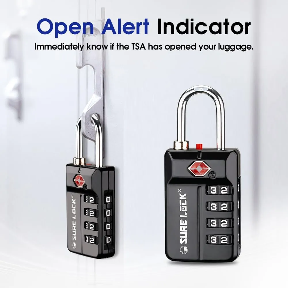SURE LOCK TSA Approved 4-Digit Resettable Combination Luggage Locks with Open Alert, Easy-Read Dials - for Luggage, School Lockers, Gym, Office, Toolbox & Security Cases (Black 2 Pack)