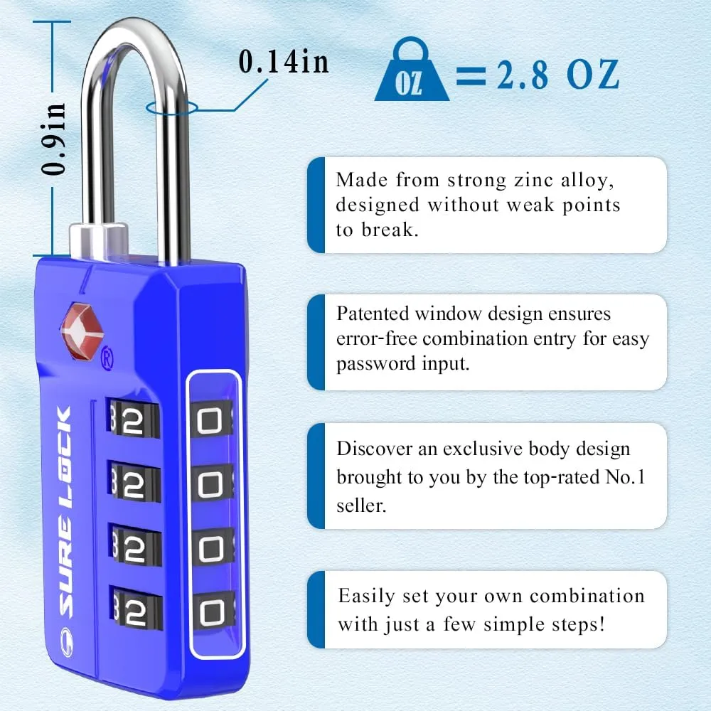 SURE LOCK TSA Approved 4-Digit Resettable Combination Luggage Locks with Open Alert, Easy-Read Dials - for Luggage, School Lockers, Gym, Office, Toolbox & Security Cases(Blue 2 Pack)