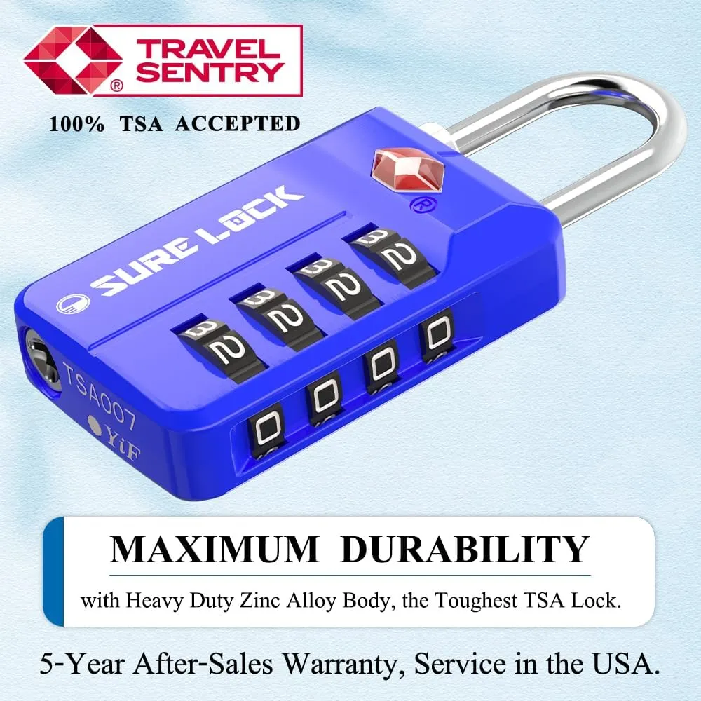 SURE LOCK TSA Approved 4-Digit Resettable Combination Luggage Locks with Open Alert, Easy-Read Dials - for Luggage, School Lockers, Gym, Office, Toolbox & Security Cases(Blue 2 Pack)
