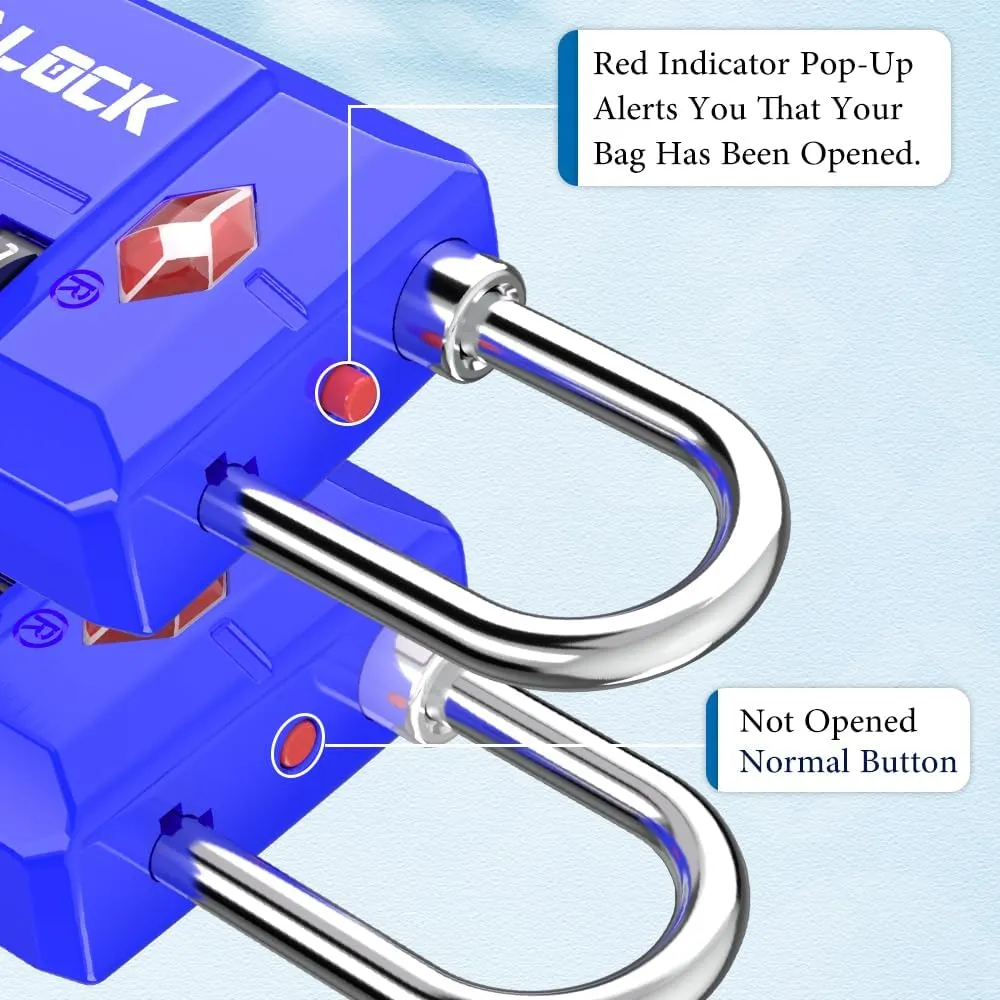 SURE LOCK TSA Approved 4-Digit Resettable Combination Luggage Locks with Open Alert, Easy-Read Dials - for Luggage, School Lockers, Gym, Office, Toolbox & Security Cases(Blue 2 Pack)