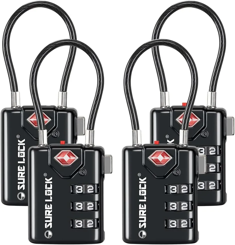 SURE LOCK TSA Compatible Travel Luggage Locks, Inspection Indicator, Easy Read Dials TSA Approved with Zinc Alloy Black 4 Pack