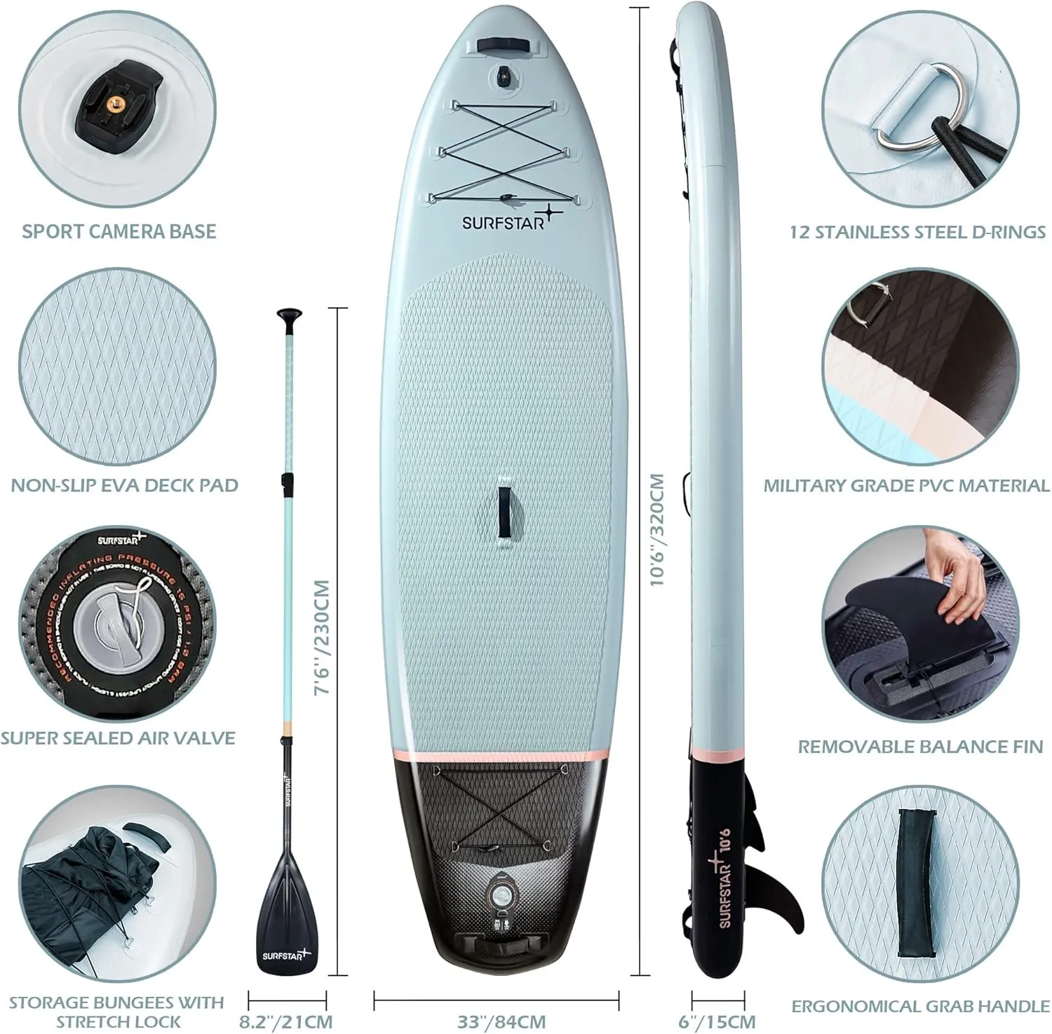surfstar Inflatable Paddle Board with Camera Mount Fiberglass Paddle, 10'6"x33"x6" Stand Up Paddle Board for Adults, SUP Standing Boat with Sup Accessories and Travel Backpack for All Skill Levels