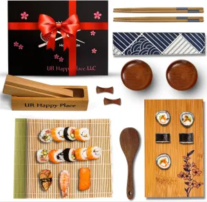 Sushi Making Kit for Beginners – 15-Piece Sushi Roller Kit w/Solid Oak Maki Press, Bamboo Sushi Mat & Engraved Cherry Blossom Sushi Plate – Traditional Craftsmanship
