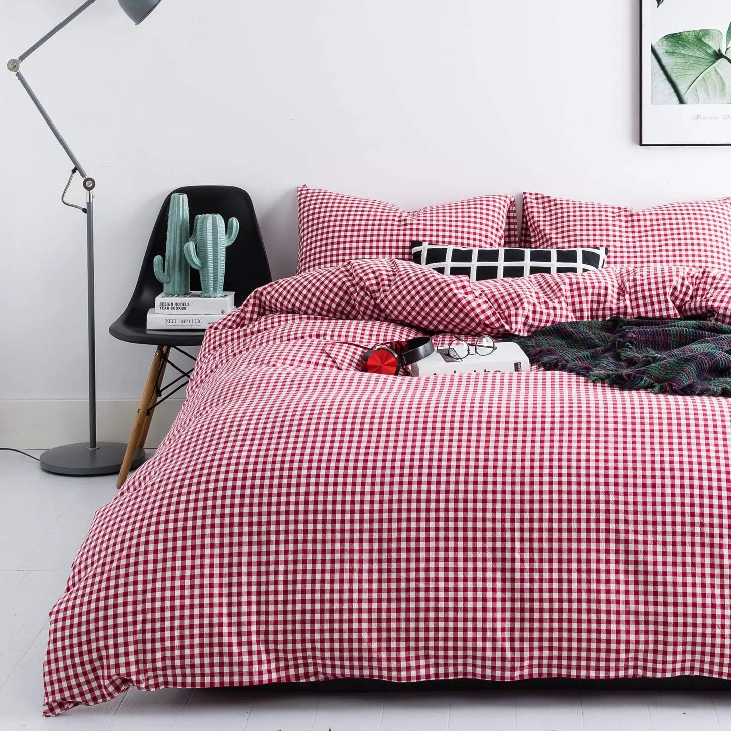 SUSYBAO Red Gingham Duvet Cover King Size 100% Washed Cotton Vintage Plaid Duvet Cover 3 Pieces Set 1 Grid Duvet Cover with Zipper Ties 2 Pillowcases Farmhouse Rustic Soft Gingham Bedding Set Durable