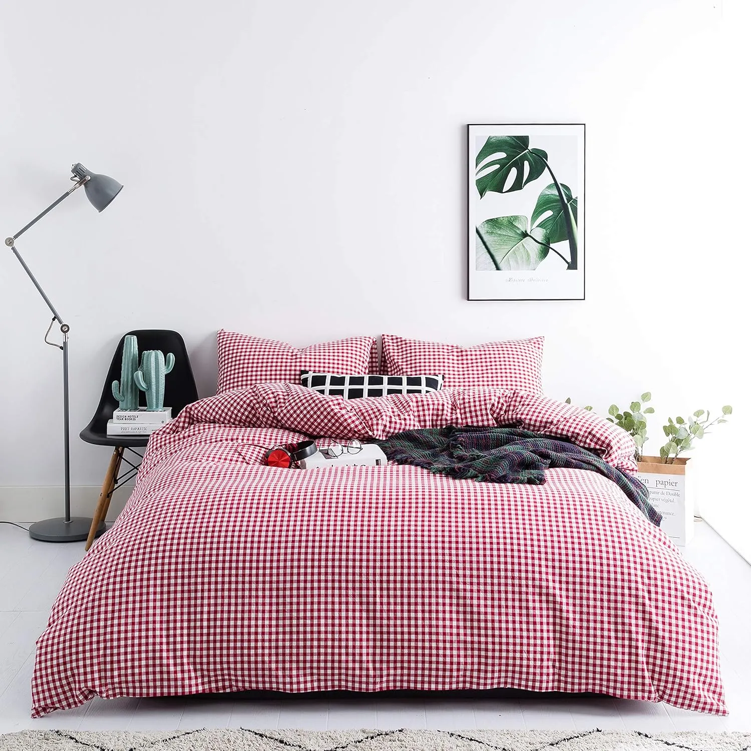 SUSYBAO Red Gingham Duvet Cover King Size 100% Washed Cotton Vintage Plaid Duvet Cover 3 Pieces Set 1 Grid Duvet Cover with Zipper Ties 2 Pillowcases Farmhouse Rustic Soft Gingham Bedding Set Durable