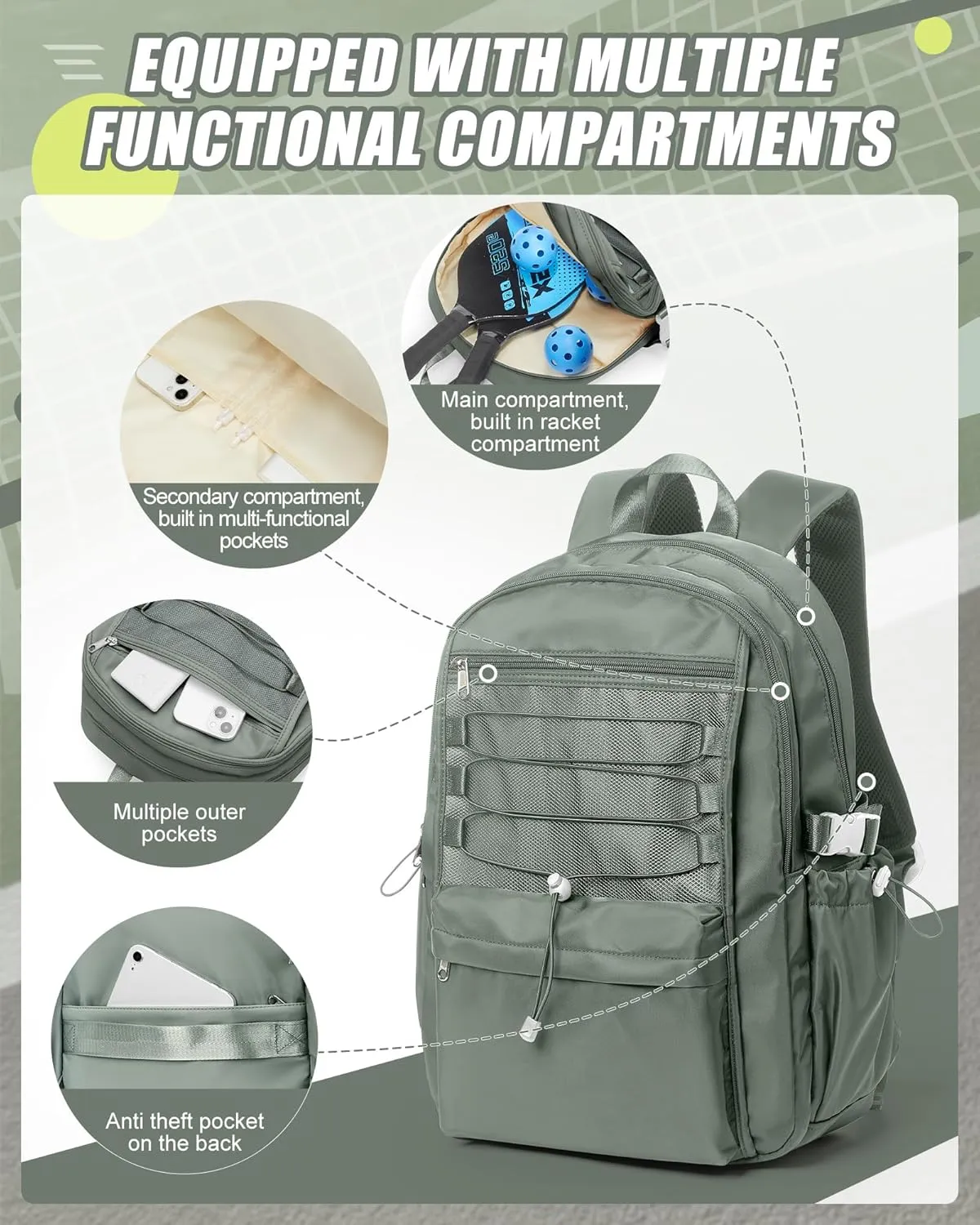 suwasp Pickleball Bag, Pickleball Backpack for Women and Men, Paddle Bag Fits 4 Paddles Accessories