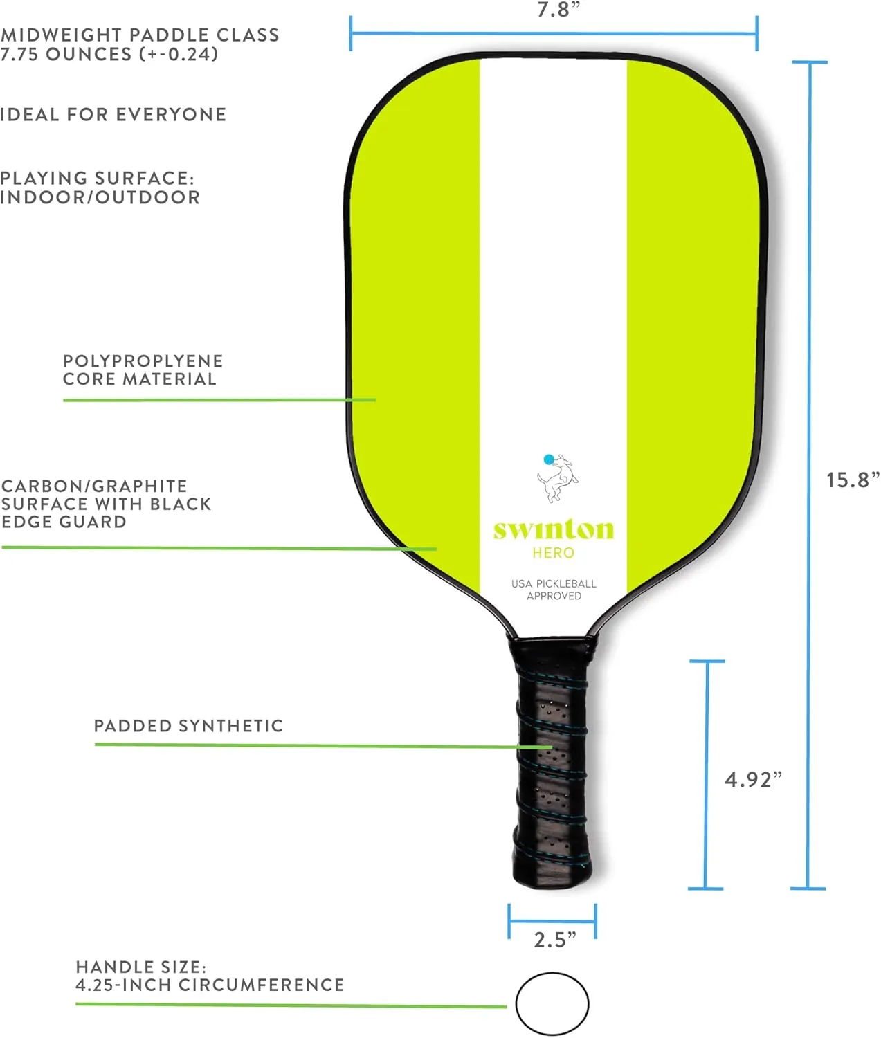 Swinton Pickleball Paddle with Honeycomb Core, Durable Graphite Face and Premium Plush Grip (Green)