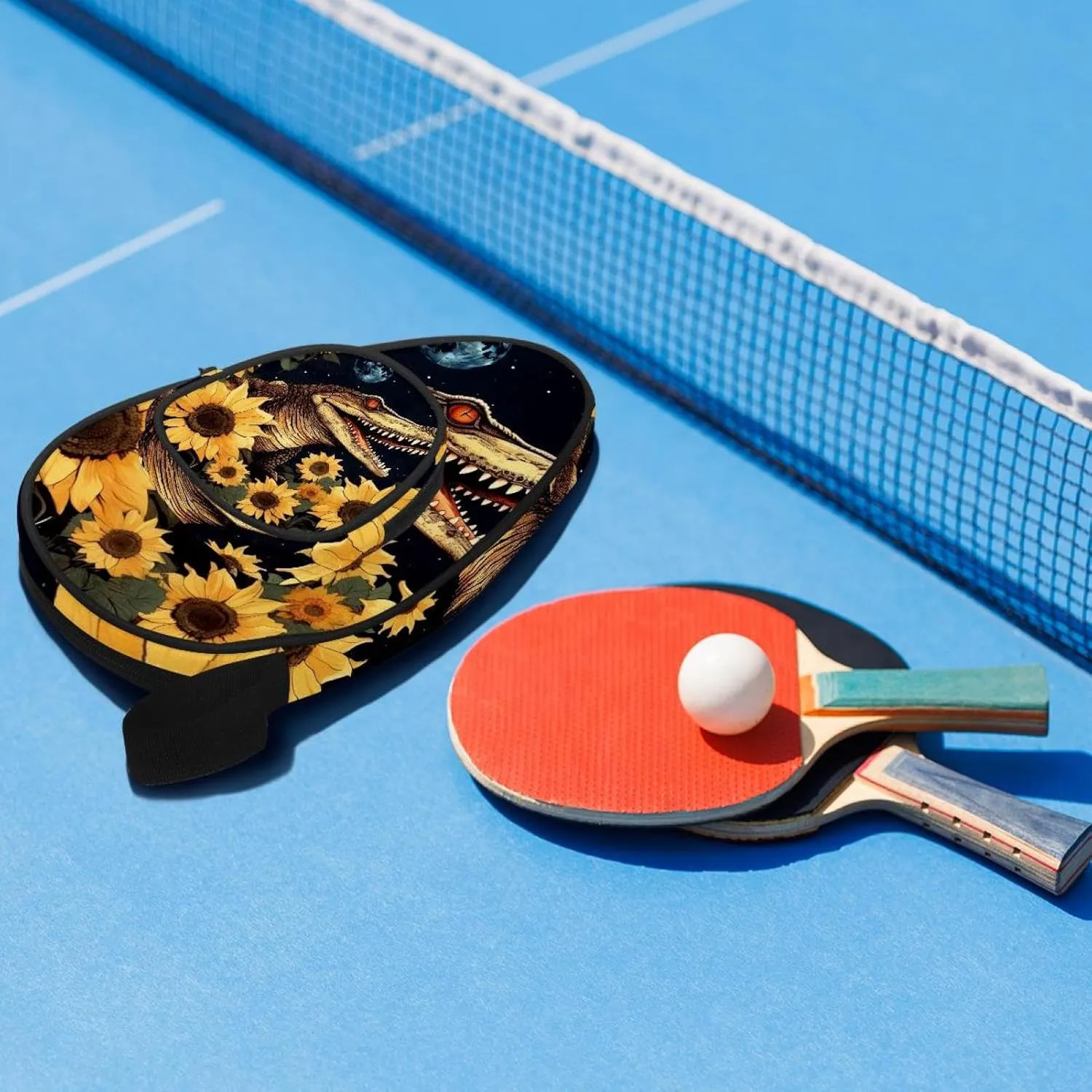 Table Tennis Racket Cover, Ping Pong Paddle Case, Table Tennis Bat Bag to Hold 2 Paddles 5 Balls, Crocodile Starry Sky Sunflower