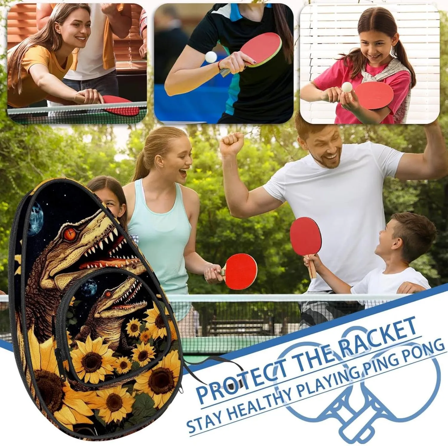 Table Tennis Racket Cover, Ping Pong Paddle Case, Table Tennis Bat Bag to Hold 2 Paddles 5 Balls, Crocodile Starry Sky Sunflower