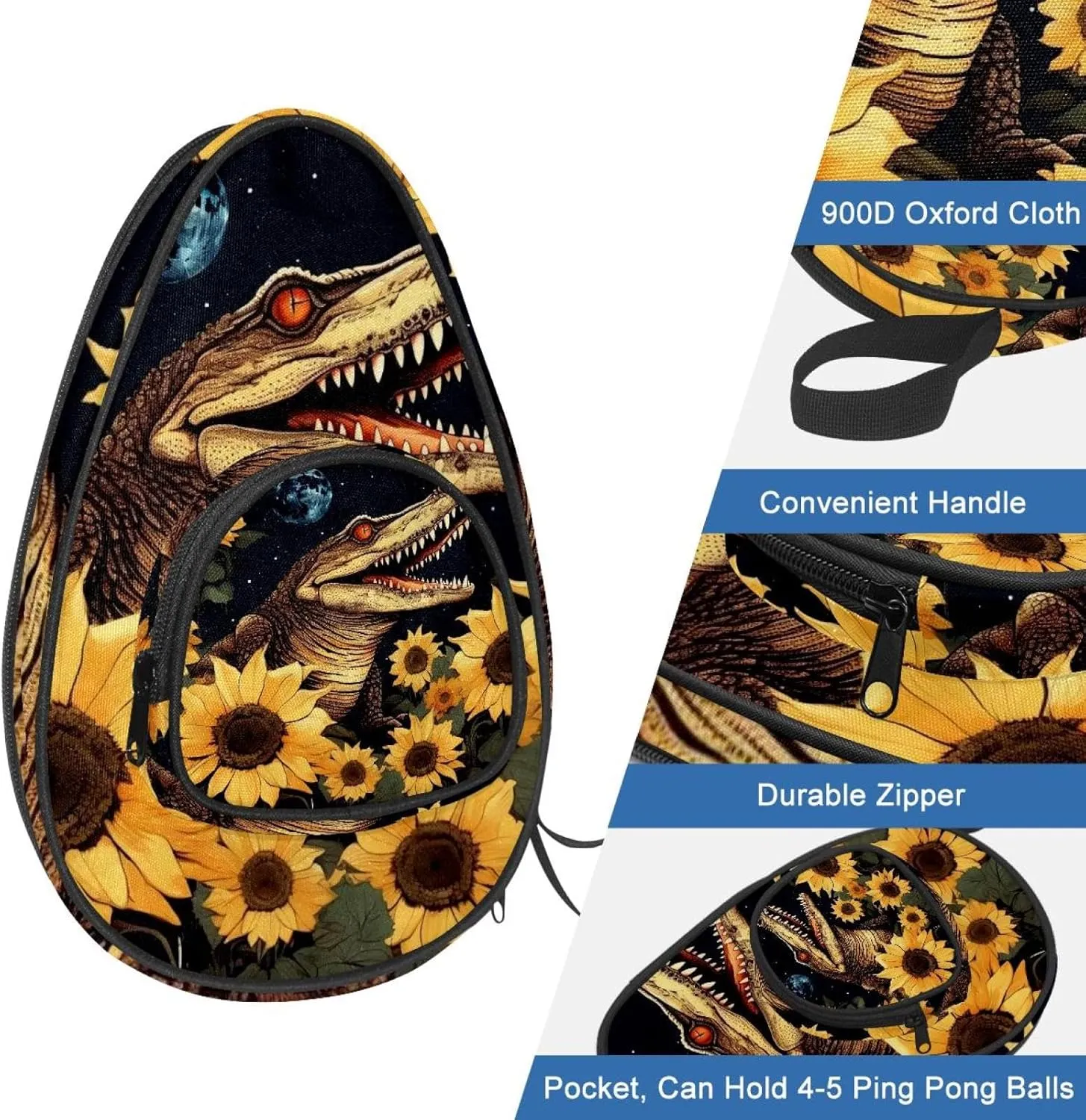 Table Tennis Racket Cover, Ping Pong Paddle Case, Table Tennis Bat Bag to Hold 2 Paddles 5 Balls, Crocodile Starry Sky Sunflower