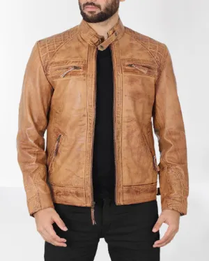 Tan Leather Biker Jacket for Men - Handcrafted Fashion Outerwear