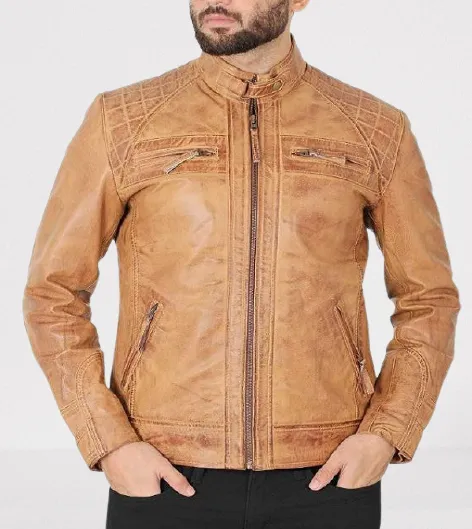 Tan Leather Biker Jacket for Men - Handcrafted Fashion Outerwear