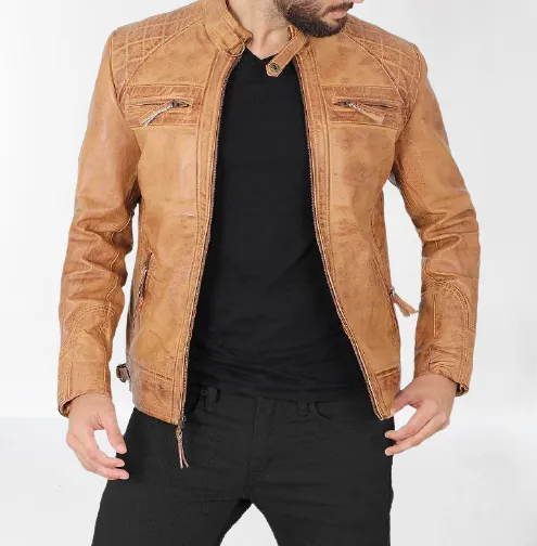 Tan Leather Biker Jacket for Men - Handcrafted Fashion Outerwear