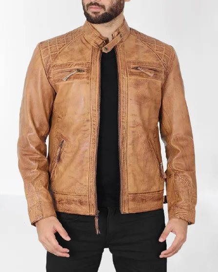 Tan Leather Biker Jacket for Men - Handcrafted Fashion Outerwear