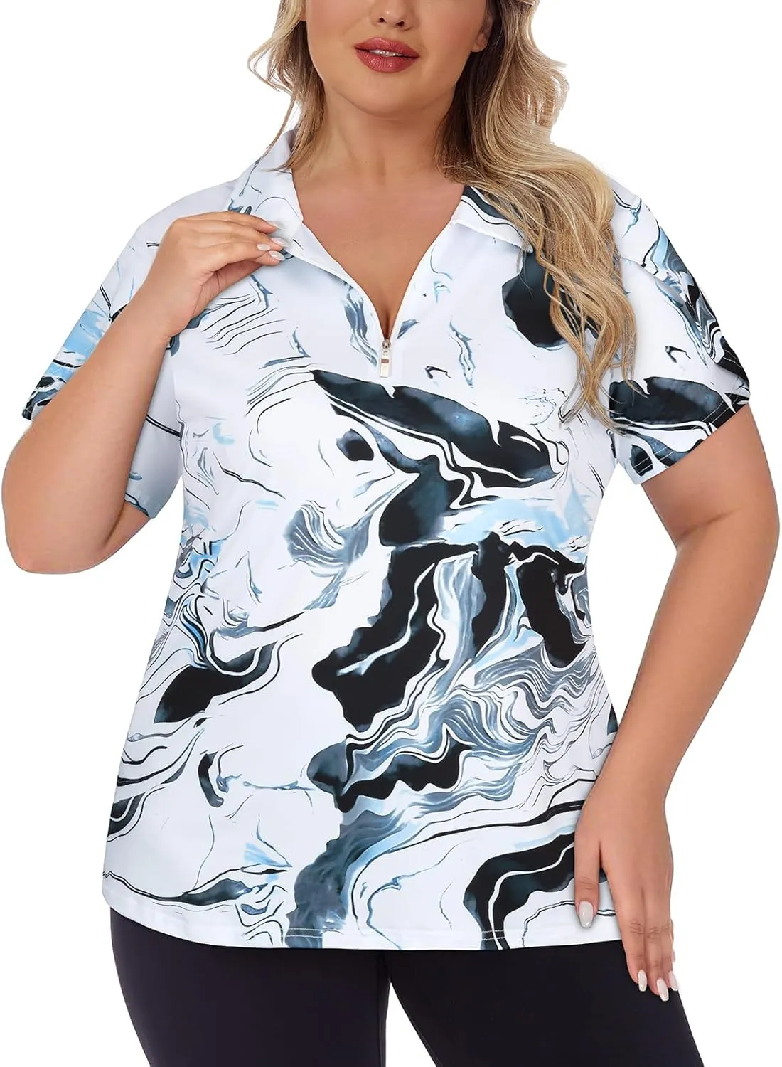 Tanst Sky Women's Plus Size Golf Polo Shirts Zip Up Short Sleeve Tops Loose Fit UPF 50  Tennis Workout Apparel XL-5XL