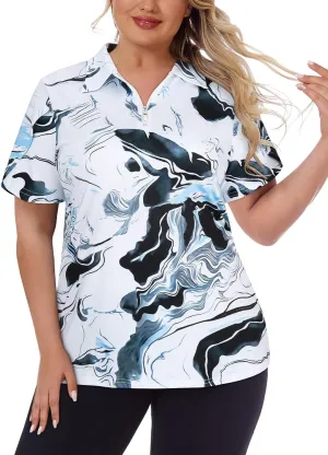 Tanst Sky Women's Plus Size Golf Polo Shirts Zip Up Short Sleeve Tops Loose Fit UPF 50  Tennis Workout Apparel XL-5XL