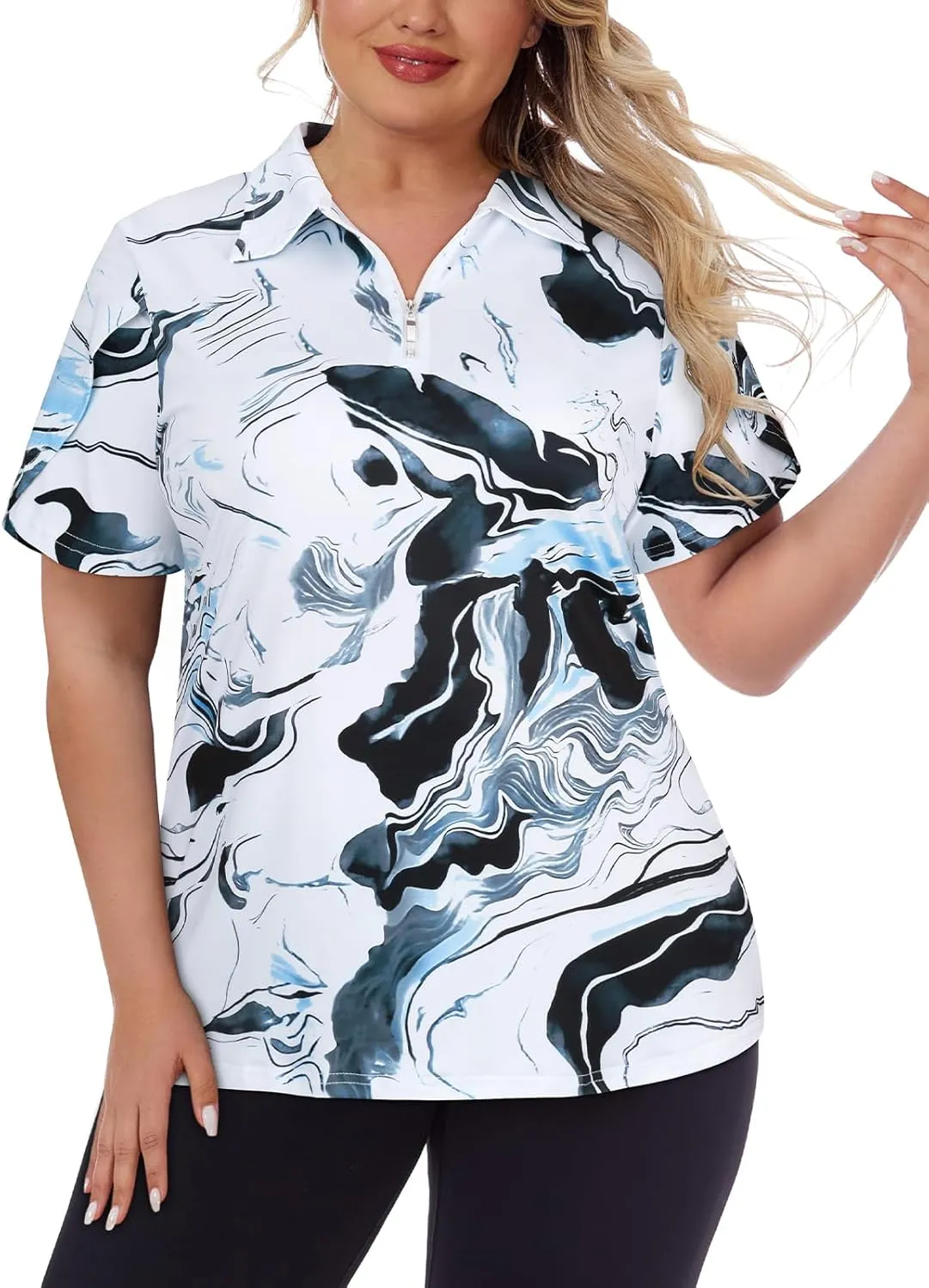 Tanst Sky Women's Plus Size Golf Polo Shirts Zip Up Short Sleeve Tops Loose Fit UPF 50  Tennis Workout Apparel XL-5XL
