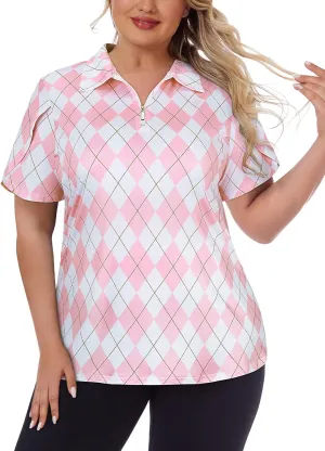 Tanst Sky Women's Plus Size Golf Polo Shirts Zip Up Short Sleeve Tops Loose Fit UPF 50  Tennis Workout Apparel XL-5XL