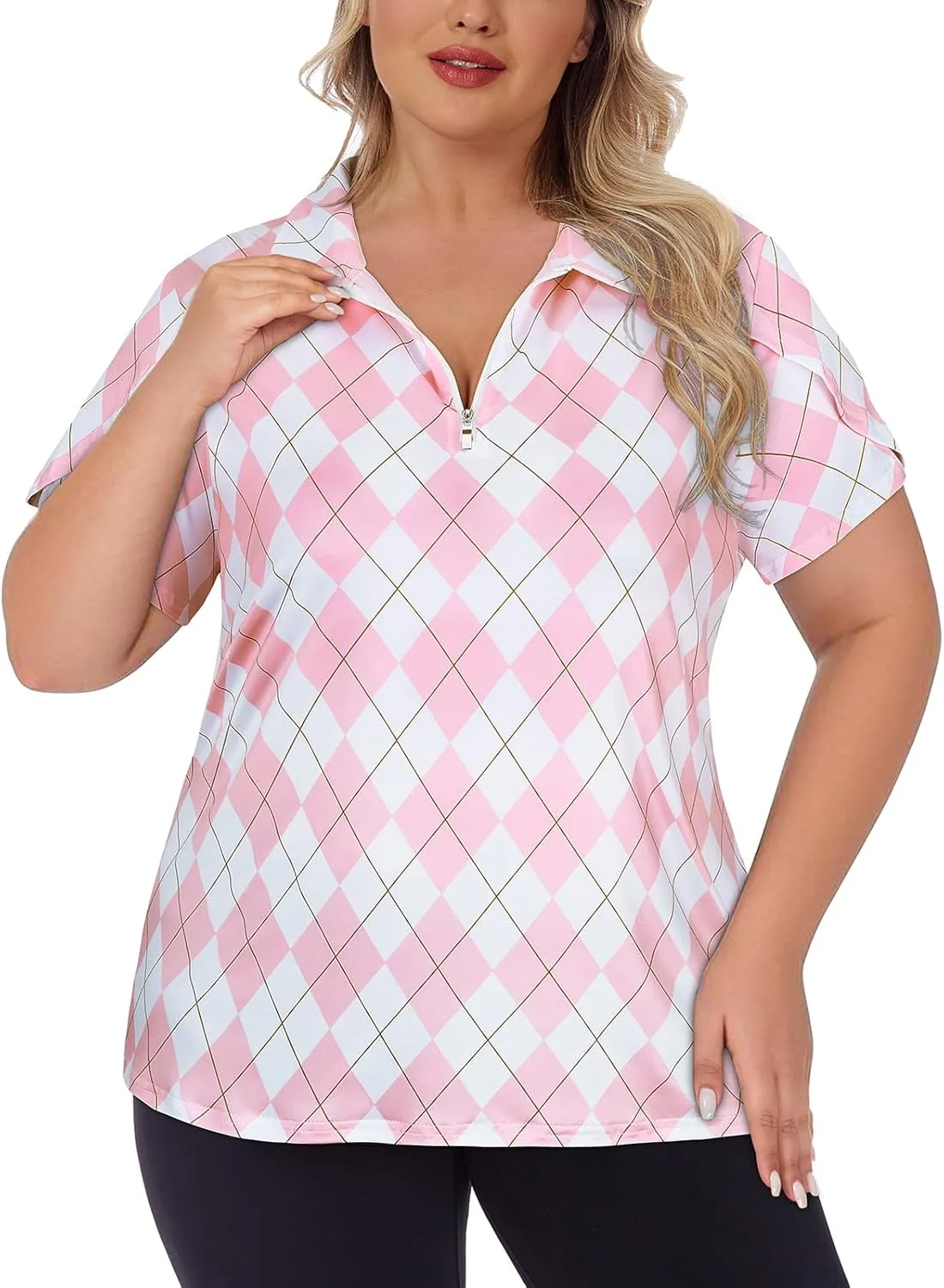 Tanst Sky Women's Plus Size Golf Polo Shirts Zip Up Short Sleeve Tops Loose Fit UPF 50  Tennis Workout Apparel XL-5XL