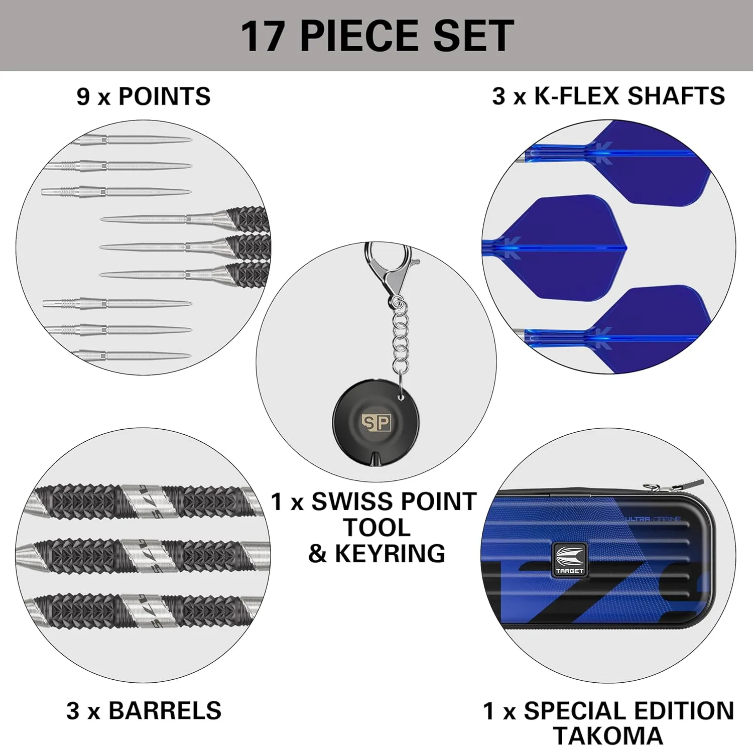 TARGET Darts 975 Ultra Marine 97.5% Tungsten Steel Tip Darts Set - Swiss Point Darts with K-Flex Integrated Flight and Shaft – Includes Dart Takoma Wallet, SP Tool, Dart Tips