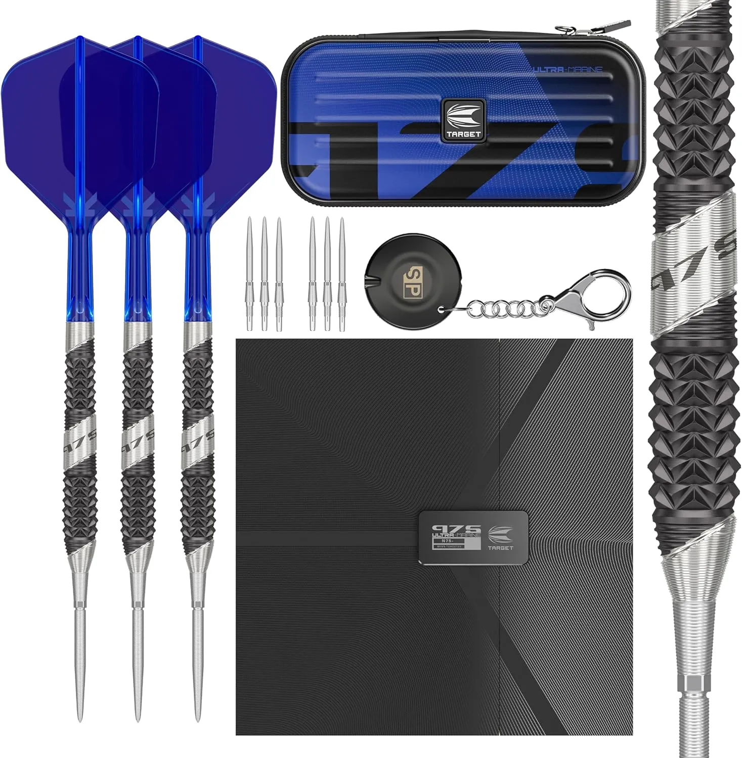 TARGET Darts 975 Ultra Marine 97.5% Tungsten Steel Tip Darts Set - Swiss Point Darts with K-Flex Integrated Flight and Shaft – Includes Dart Takoma Wallet, SP Tool, Dart Tips