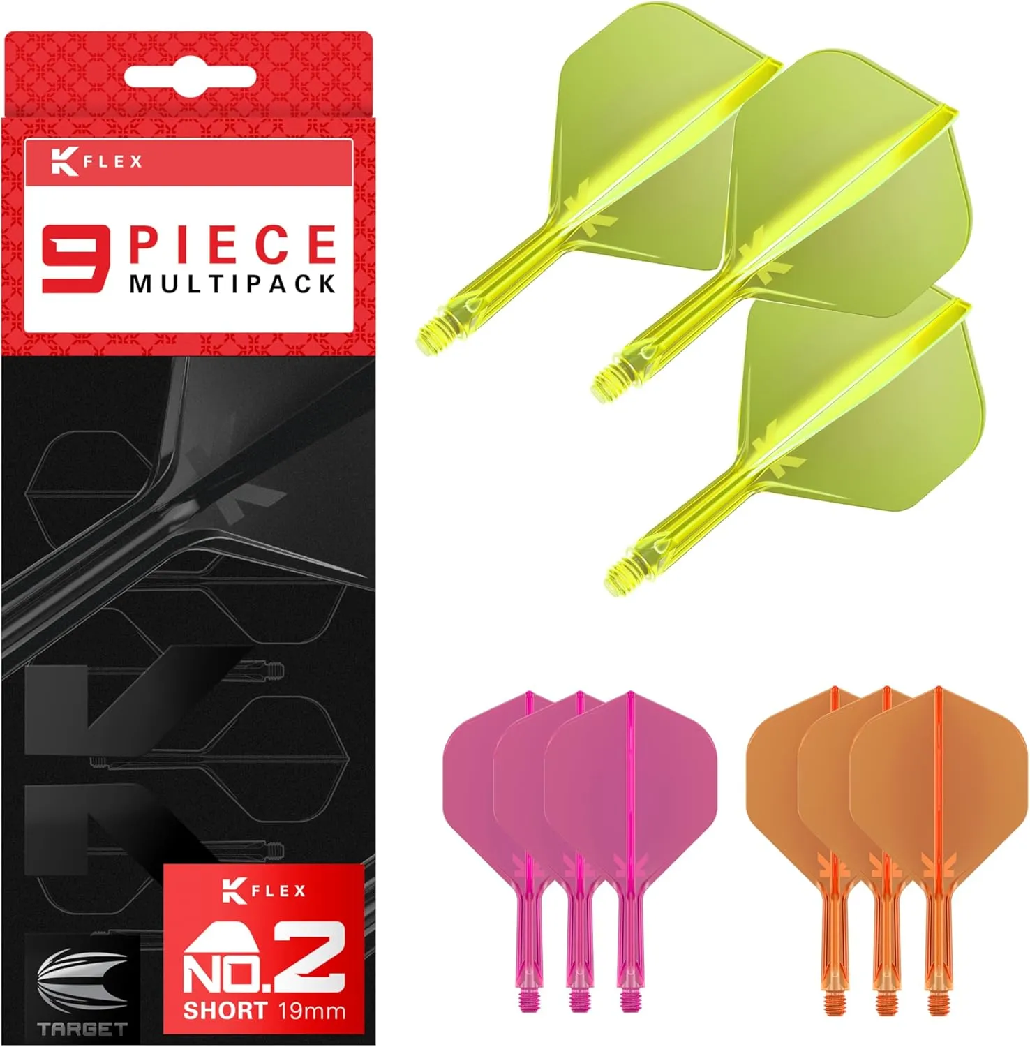 TARGET Darts K-Flex Integrated Dart Flights and Shafts, Kflex 9 Pack Bundle, Multipack - K Flex 3 Colours | Black, White, Clear, Red, Green, Blue, Pink, Orange, Yellow | Short, Intermediate, Medium