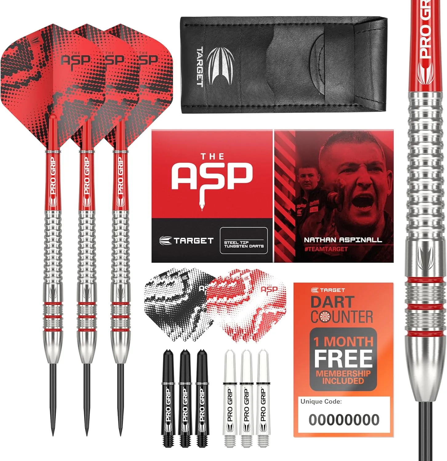 TARGET Darts Nathan Aspinall Tungsten Steel Tip Darts Set - 9 Pro Grip Shafts - 9 Pro Ultra Flights – Dart Wallet - Dart Counter App Coupon Bundle