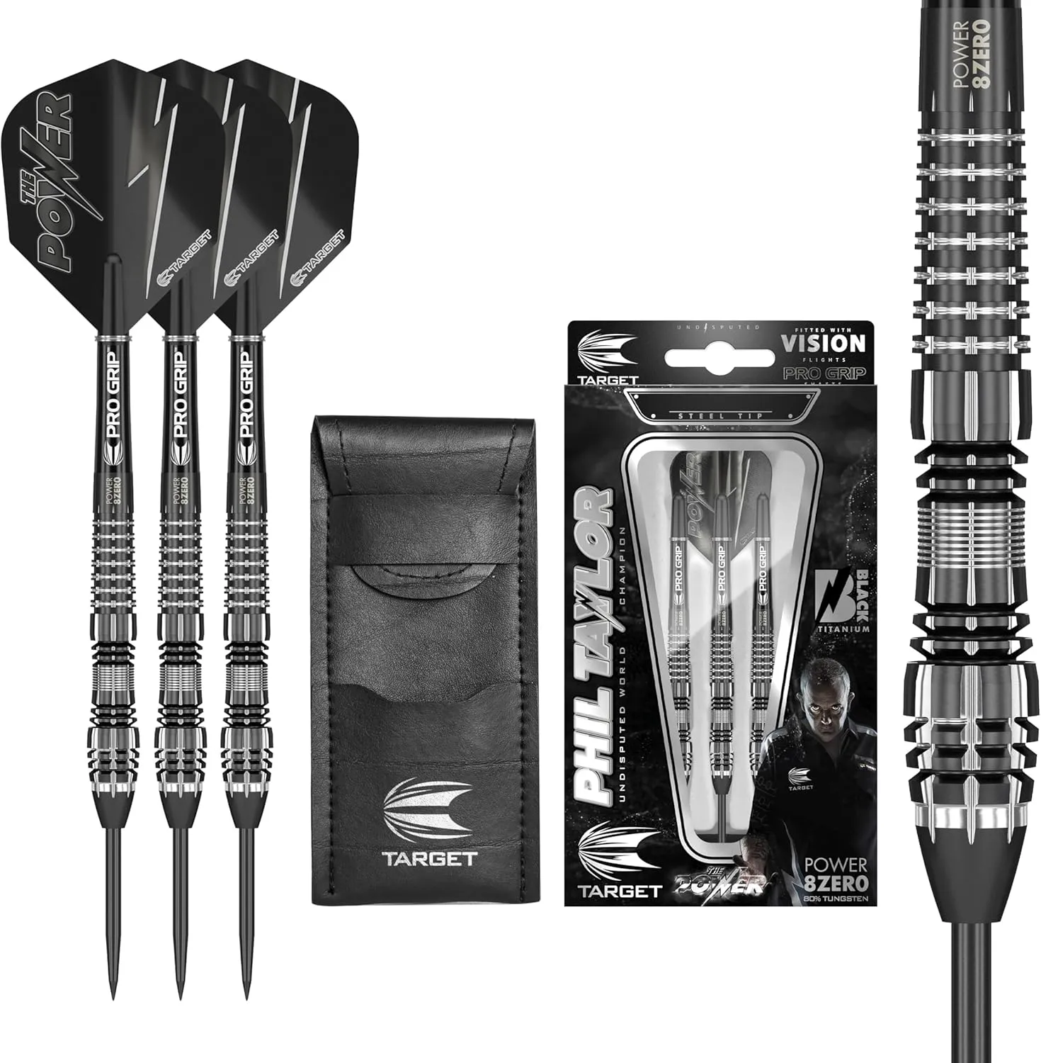 TARGET Darts Phil Taylor Power 8-Zero 4 Black Steel Tip Darts, 80% Tungsten Dart Set, P8Z4, 21G | Player Edition Darts with Fixed Points | Black Darts Case Included