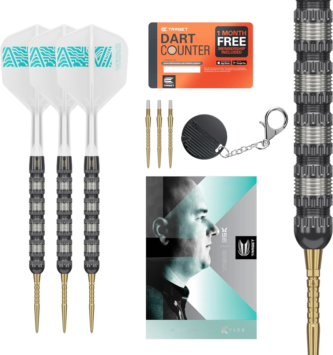 TARGET Darts Rob Cross 95K Steel Tip Swiss Point Darts, 95% Tungsten Darts with K-Flex Flights, 21G/22G/23G | Voltage Darts, Player Edition Swiss Points K Flex Dart Set, Swiss Point Tool Included