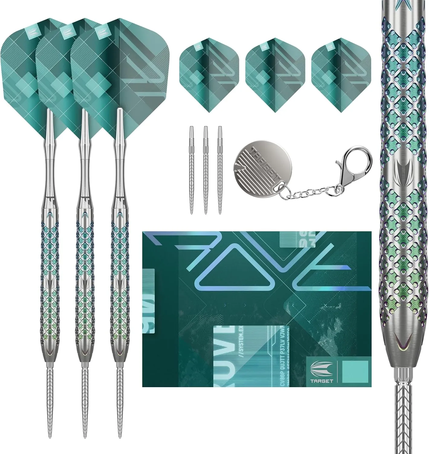 TARGET Darts Rove Steel Tip Swiss Point Darts, 90% Tungsten Dart Set | Steel Tip Dart, Green & Silver Darts, Professional Dart Set with Swiss Points & Tool | Barrel 01/02/03 –22G/23G/24G/25G