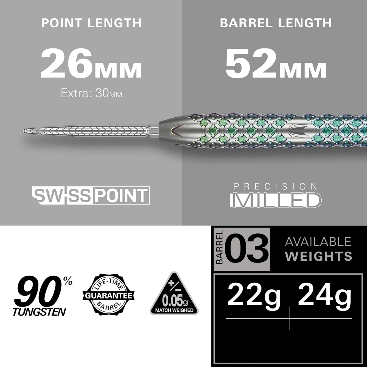 TARGET Darts Rove Steel Tip Swiss Point Darts, 90% Tungsten Dart Set | Steel Tip Dart, Green & Silver Darts, Professional Dart Set with Swiss Points & Tool | Barrel 01/02/03 –22G/23G/24G/25G