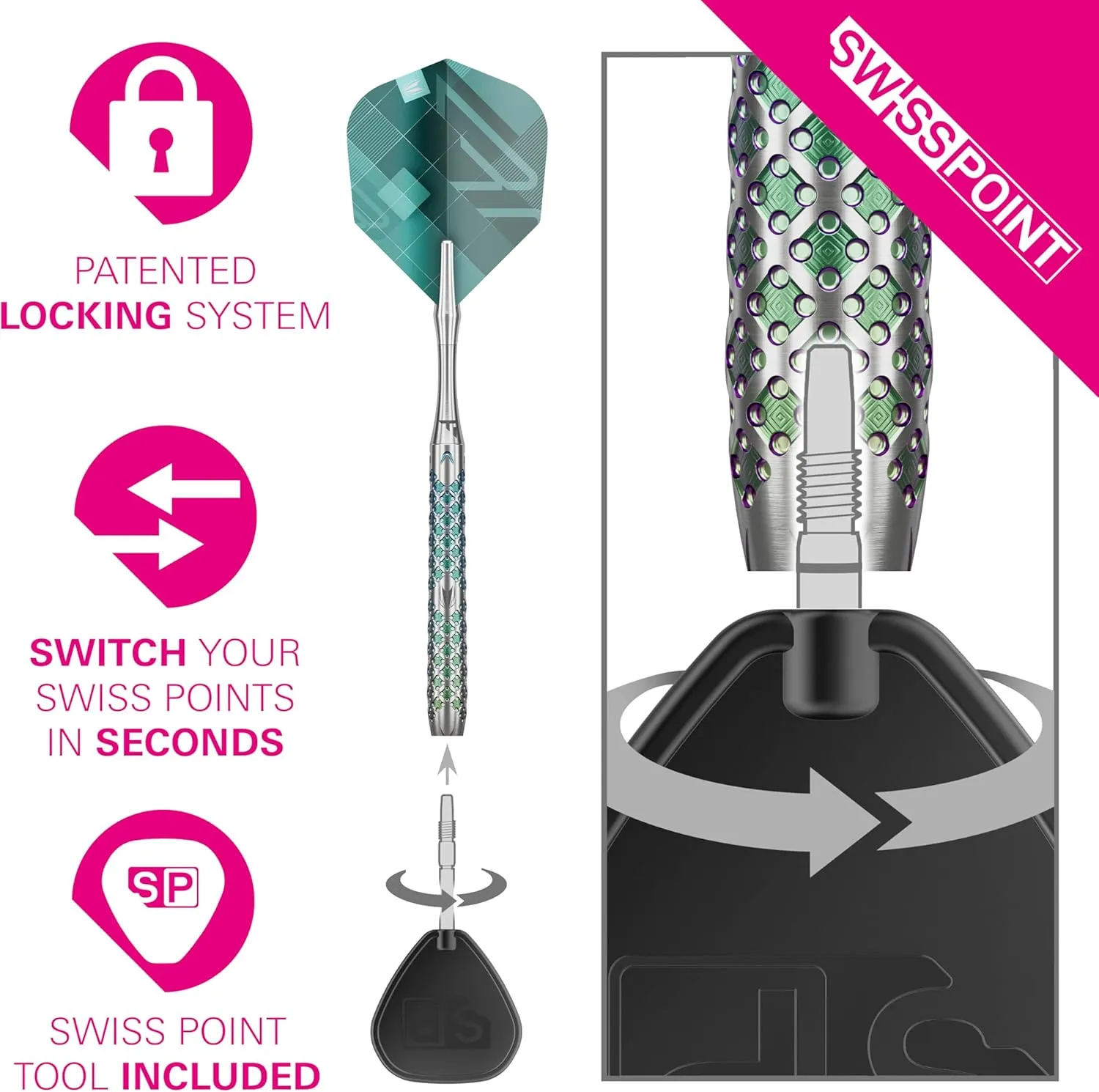 TARGET Darts Rove Steel Tip Swiss Point Darts, 90% Tungsten Dart Set | Steel Tip Dart, Green & Silver Darts, Professional Dart Set with Swiss Points & Tool | Barrel 01/02/03 –22G/23G/24G/25G