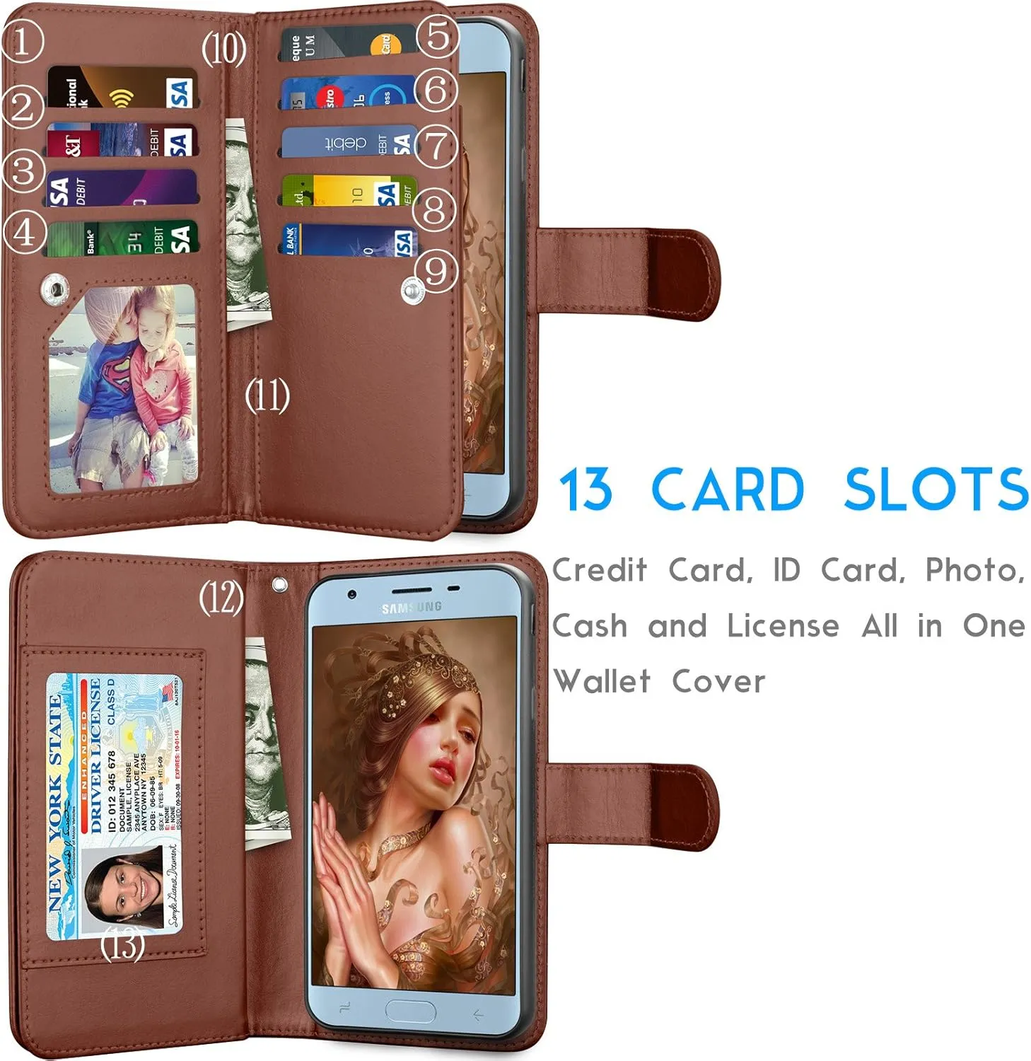 Tekcoo Galaxy J7 2018/Aero/Top/V 2nd/Crown/Aura/Refine/Eon PU Leather Wallet Case, Brown, 11 Card Slots, Kickstand