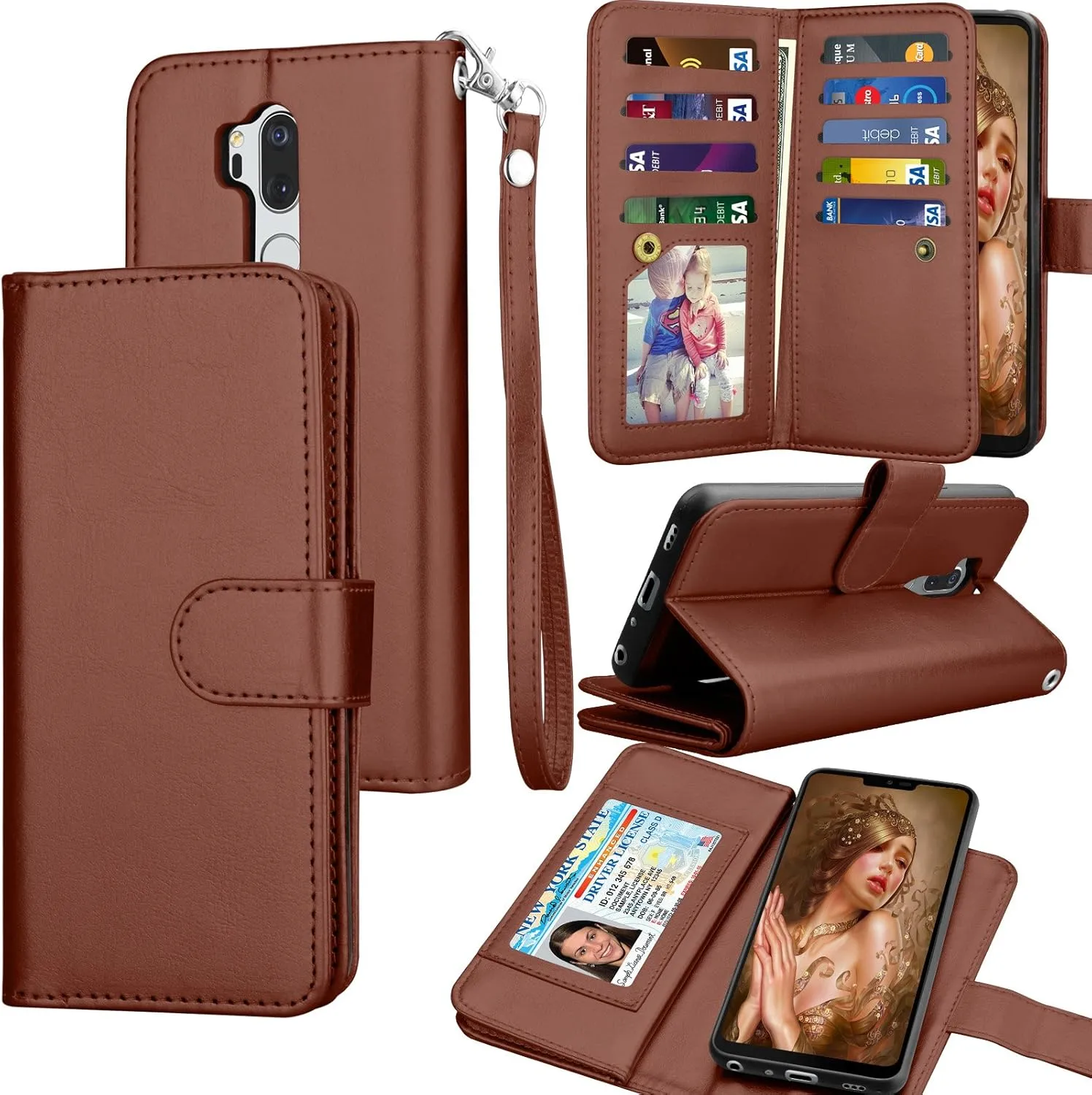 Tekcoo Wallet Case for LG G7 / LG G7 ThinQ, PU Leather Luxury ID Cash Credit Card Slots Holder Purse Carrying Folio Flip Cover [Detachable Magnetic Hard Case] Kickstand - Brown