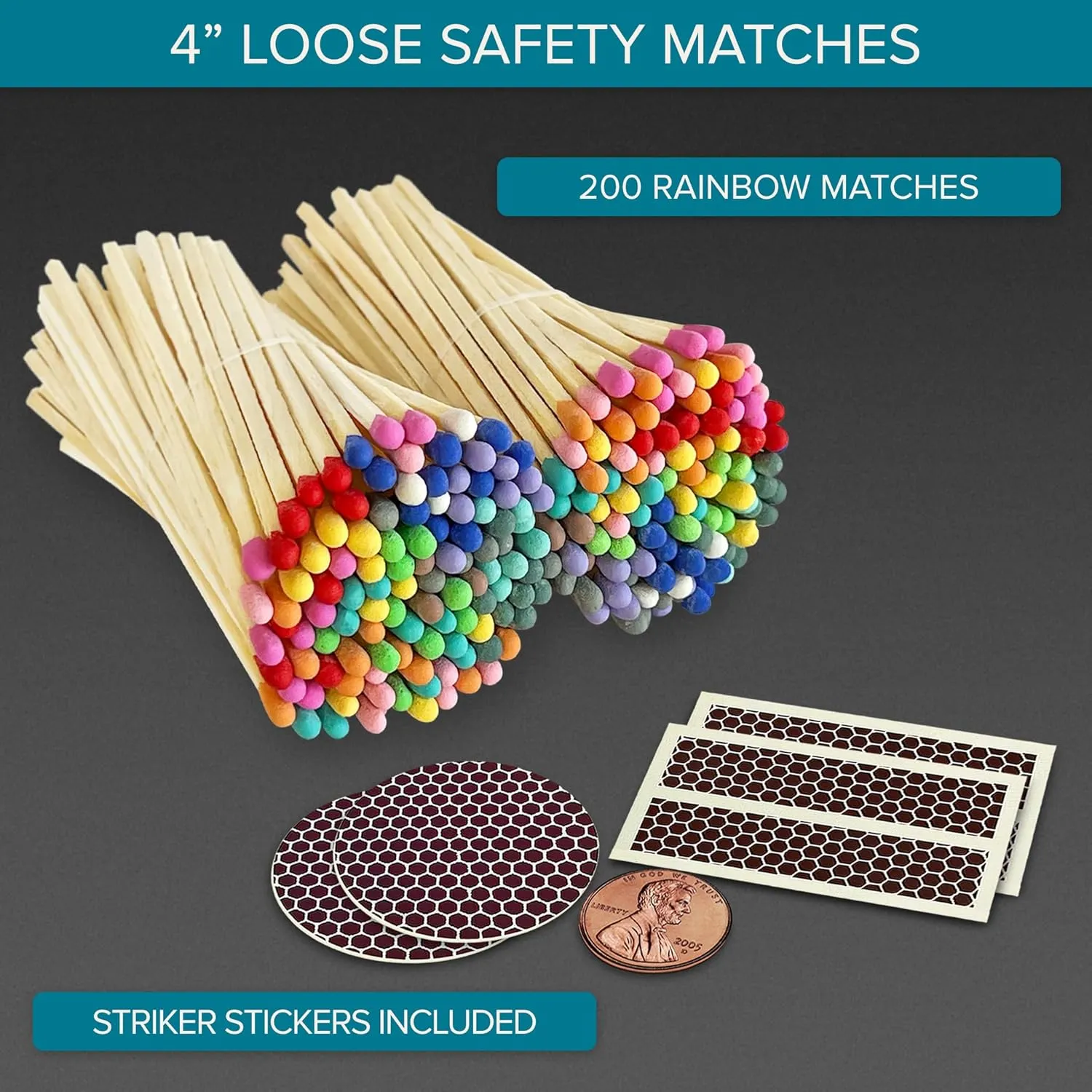 Thankful Greetings 4" Rainbow Matches (200 Count, with Striking Stickers Included) | Decorative Unique & Fun for Your Home, Gifts, Accessories & Events | Premium Long Wood Safety Matches