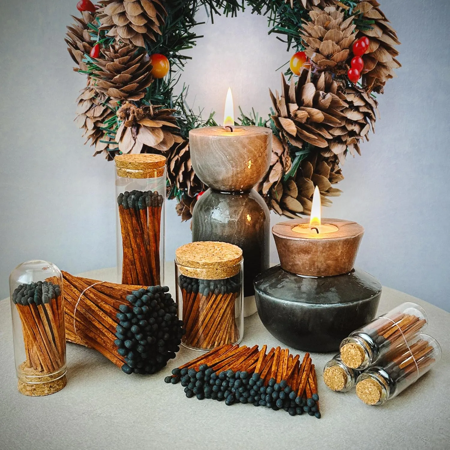 Thankful Greetings Brown Stick Black Tip Decorative Matches | 300  Artisan 2” Safety Espresso Style Matchsticks with Adhesive Strikers | Great for Home Decor & Candle Lovers